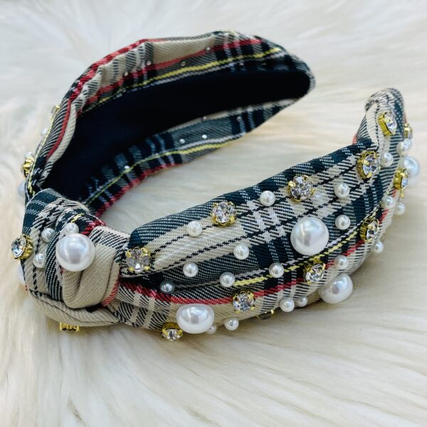 Plaid Rhinestone And Pearl Headband